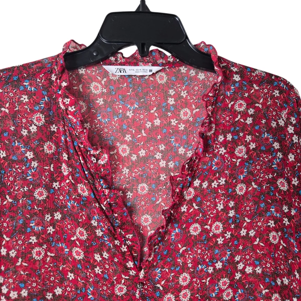 Zara Red Floral V-Neck Long Sleeve Semi Sheer Tiered Mini Babydoll Dress XL - Picture 6 of 16